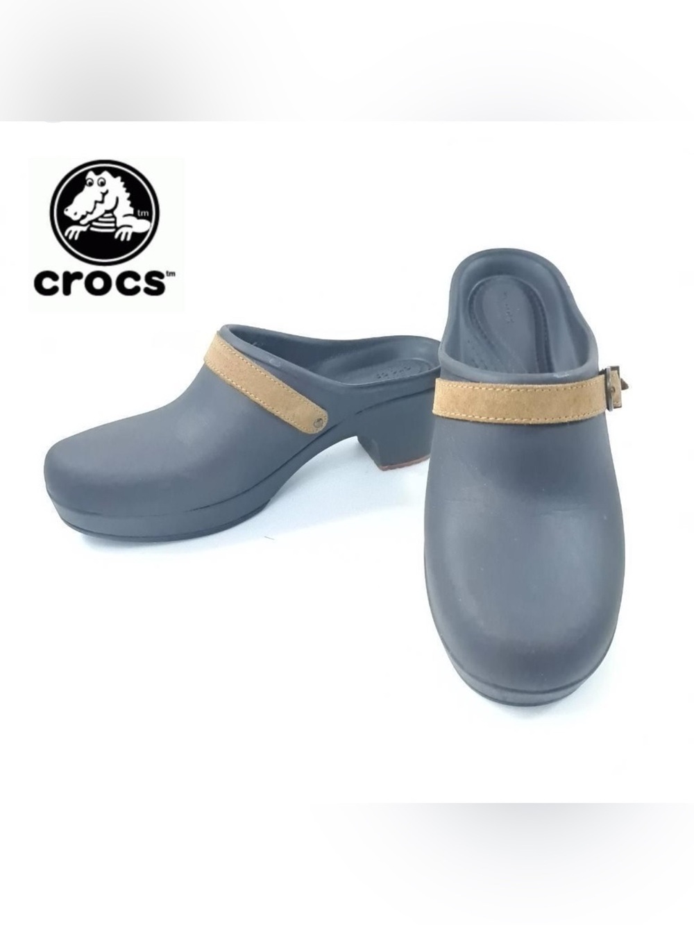 CROCS Women's Slate Grey Clog Mules with Tan Strap
